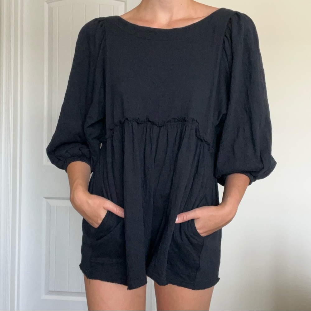 Free People Black Puff Sleeve Romper - Picture 3 of 12